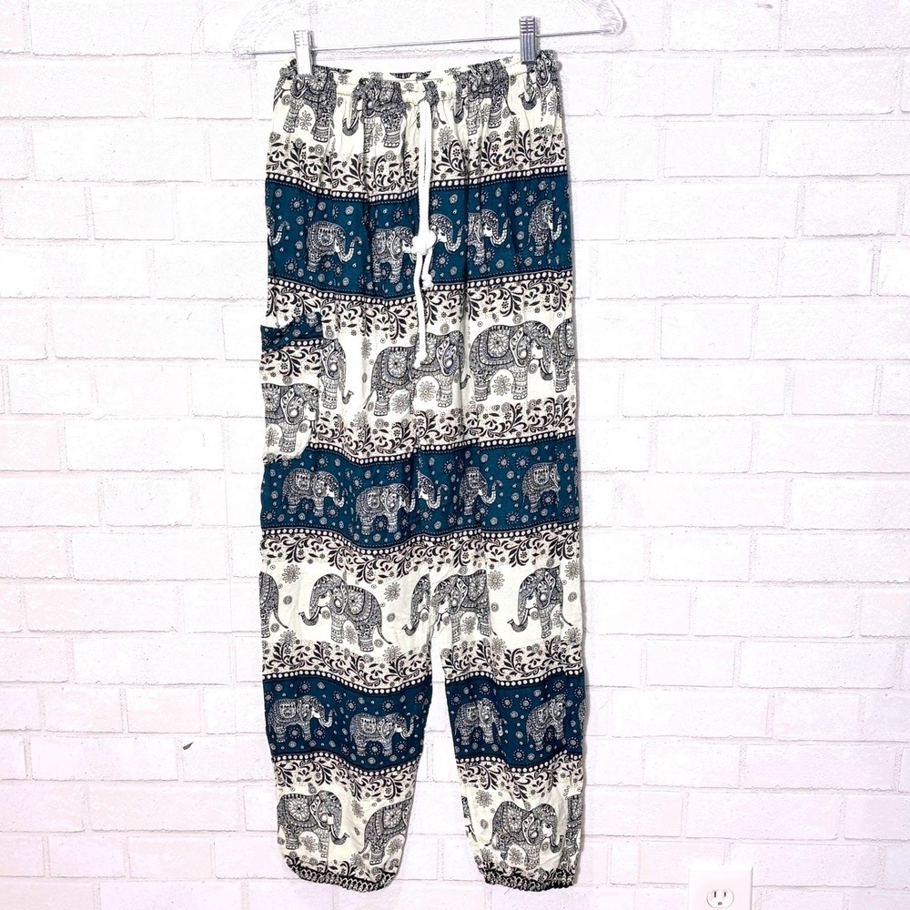 Blue Elephant Print Balloon Pants Womens Medium Boho Harem Tribal Gypsy Pocket